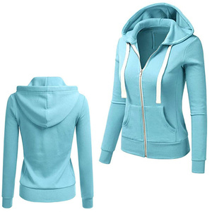 Sweat-shirt à capuche zippé bleu clair pour femme, manches longues, en coton tricoté et fibre de bambou, respirant, couleur unie, idéal pour l'automne - Product Image 4