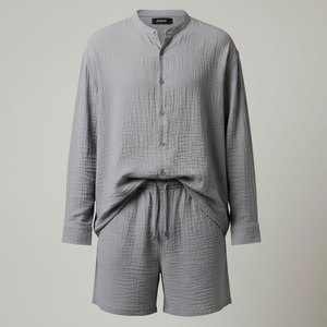 Ensemble court brodé texturé froissé pour homme : chemise boutonnée et short en coton et polyester, tenue décontractée assortie, séchage rapide - Product Image 6