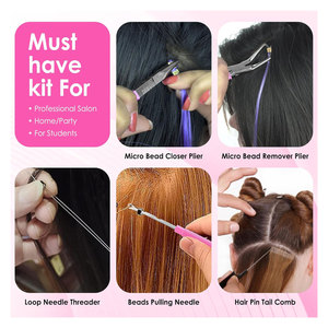 Kit d'outils professionnels pour extensions capillaires en acier inoxydable : Pince à micro-anneaux, Aiguille à crochet, Crochet de tirage, Peigne à queue, Micro-liens - Product Image 6