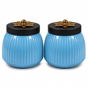 Ensemble de pots de conservation alimentaire en métal, ronds, bleus avec couvercle noir, hermétiques, pour épices, design moderne, fabrication artisanale, utilisation en cuisine - Product Image 1