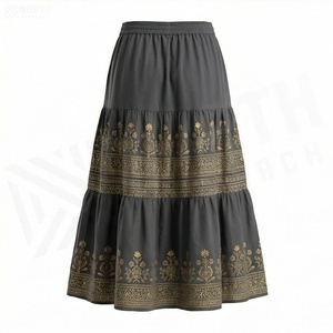 Women's A-Line Midi <b>Skirt</b> <b>Elastic</b> Waist Bohemian Floral Embroidery Dark Gray Polyester Comfortable All Seasons Style - Product Image 2