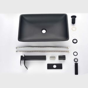 Lavabo Rettangolare in Vetro Opaco per Bagno, 36,5 cm L x 56,5 cm L x 11 cm H, con Rubinetto Nero e Scarico a Scomparsa, Finitura Nero Opaco - Product Image 1