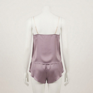 Ensemble de détente Reddito pour femme en satin 100 % soie, sans manches, col en V, couleur unie, short, deux pièces, vêtements de nuit pour adulte, taille élastique, printemps - Product Image 3