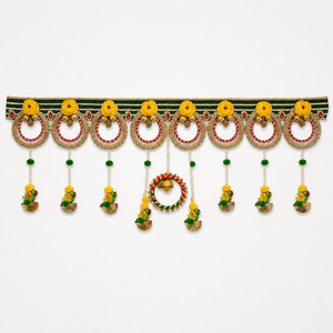 Guirnalda Decorativa Hecha a Mano para Puerta, con Anillos Dorados, Flores y Lazos, para Decoración Festiva de Diwali, Bodas y Entrada del Hogar - Product Image 1