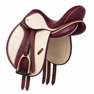 Selle d'équitation anglaise en cuir bordeaux avec panneaux crème et étriers en fer doré - Product Image 2