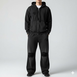 Ensemble de jogging personnalisé pour homme, survêtement effet délavé avec sweat à capuche zippé et pantalon de survêtement évasé à jambe droite - Product Image 6