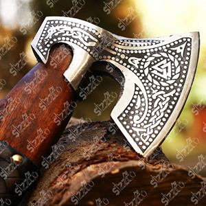 Custom Hand Forged Viking <b>Bearded</b> Axe High Carbon Steel Valknut Etched Hatchet Leather Wrap Handle Battle Axe Sheath - Product Image 2