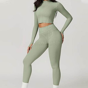 Wholesale Made Custom 3 Piece Crop Top <b>Set</b> Seamless Sportswear Outfit With Long Sleeve Jacket Bra And Leggings - Product Image 4