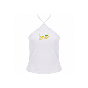 เสื้อครอปคอไขว้สีขาวขายส่ง ลายเลมอนประดับลูกปัด ผ้าฝ้ายระบายอากาศ 100% สำหรับใส่ในชีวิตประจำวันของผู้หญิง ฤดูใบไม้ผลิ/ฤดูร้อน - Product Image 1