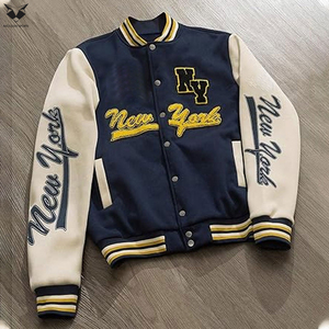 Custom Logo Embroidery Varsity Jacket Men Navy Blue Fleece Jacket Contrast Cream Sleeves Streetwear Fashion Bomber Coat - Product Image 5