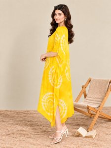 Boho <b>Yellow</b> Tie Dye <b>Dress</b> <b>Women</b> Summer Batwing Sleeve V Neck Loose Midi Beach Cover Up - Product Image 5