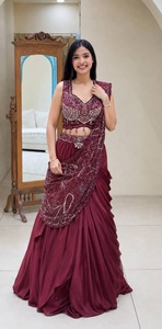 Sari de soirée bordeaux le plus vendu avec broderies et sequins, entièrement cousu, sari ethnique de créateur pour femme - Product Image 3
