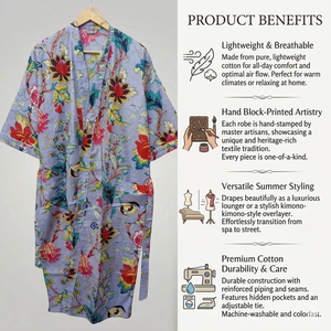 Bata Kimono de Algodón Gris con Estampado Floral, Larga, Ligera, Hecha a Mano, para Descanso, Baño y Spa de Verano - Product Image 4