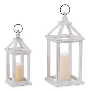Farol de Madera Blanco Rústico, Farol Decorativo Colgante con Paneles de Vidrio, Decoración Vintage para el Hogar Estilo Granja - Product Image 1