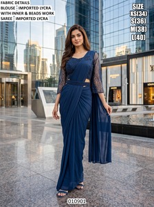 Sari élégant en polyester marron avec chemisier perlé pour femme, idéal pour les mariages, coupe classique, longueur ras du sol, extensible, style indien - Product Image 3