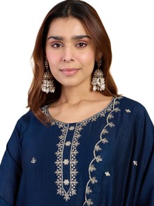 Traditional Women's Navy Blue Vichitra silk Salwar Kameez Set with Embroidery Dupatta Casual Daily Wear Loose Fit <b>Ankle</b> Length - Product Image 3