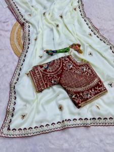 Sari Blanco Premium Bordado con Borde de Diseño |   Sari de fiesta de georgette suave |   Elegante Festival de Bodas Étnicas Indias - Product Image 3