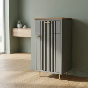 Armoire de salle de bain minimaliste grise avec dessus en bois et poignées en bois, design de porte géométrique pour la maison et l'hôtel - Product Image 6