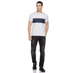 T-shirt à manches courtes pour homme, col rond, coupe classique, en coton tricoté, design à rayures blanches et bleues - Product Image 4