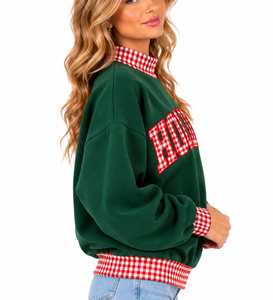 Sudadera de punto verde para mujer con cuello y puños de guinga roja, estampado de letras festivas, jersey de cuello alto, tops de invierno - Product Image 5