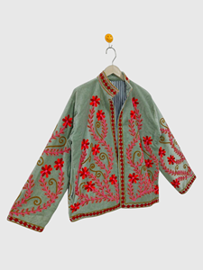 Hand Embroidered Floral Mandarin Collar Jacket Full Sleeve Cotton Boho Chic Style Autumn Wear Women'<b>s</b> Plus Size - Product Image 2