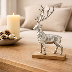 Premium Silver Aluminum Reindeer Statue With Natural Wood Base Elegant Standing Stag Figurine For Modern <b>Christmas</b> Tabletop - Product Image 2