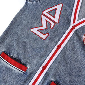 Custom Sorority Delta Sigma Denim <b>Cardigan</b> Red White Striped Trim Embroidered Greek Letter University College Wear Girls <b>Sweater</b> - Product Image 6