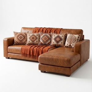 Sofá en Forma de L de Cuero Color Coñac, Estilo Moderno de Mediados de Siglo, con Chaise Longue Desmontable, Cómodo Sofá Seccional para Sala de Estar - Product Image 1