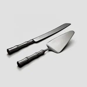 Cortador de pasteles y servidor, juego de servidor de pasteles de boda plateado con acabado negro, diseño de bambú de acero inoxidable, juego para servir pasteles con mango - Product Image 1