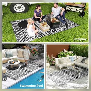 Tappeto da Esterno Reversibile Bianco e Nero con Motivi Geometrici 6FT X 9FT, Impermeabile in Plastica Intrecciata con Borsa per il Trasporto - Product Image 5