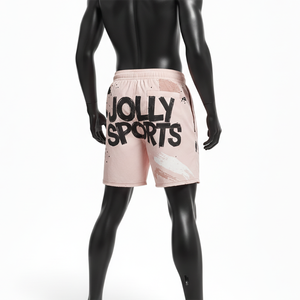 กางเกงว่ายน้ำชายคุณภาพสูง โพลีเอสเตอร์ผสมอีลาสเทน 140 GSM น้ำหนักเบา สีพีช ลายพิมพ์แบบแผง  พร้อมโลโก้สั่งทำพิเศษ - Product Image 5