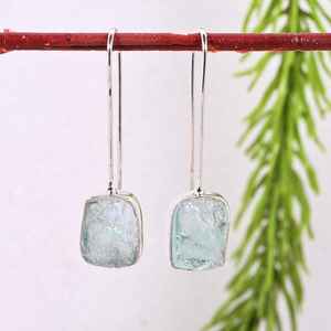 Pendientes de Plata de Ley 925 con Aguamarina Natural, Cristal en Bruto, Colgantes, Piedra de Nacimiento de Marzo - Product Image 3