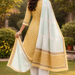 Traje Punjabi Profesional Amarillo y Blanco |   Conjunto de Kurti y Pijama con Estampado Floral Hecho a Mano con Borde |   Conjunto Maestro de Sarong Indio - Product Image 6