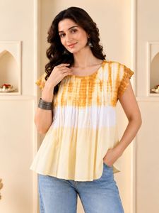 Women's <b>Tie</b> Dye Knitted <b>Blouse</b> With Ruffles Cap Sleeve O-<b>Neck</b> Loose Fit Casual Top Spring Summer Breathable Cotton Bamboo Fiber - Product Image 4