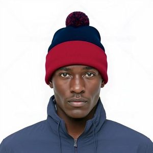 Men's Winter <b>Beanie</b> Hat Knitted Color Blocking Red <b>Navy</b> Pom Pom Casual Warm Hat 56-58CM Adult Unisex Style - Product Image 1