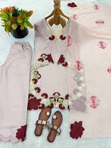 Ramdev Trading Indian <b>Women's</b> Heavy Japan Roman Glass Material Quick Dry Modern Style Embroidery Work <b>Kurta</b>/Kurti Set Wedding - Product Image 4