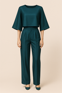 Ensemble deux pièces en polyester bleu sarcelle de haute qualité, haut court et pantalon large, tenue décontractée semi-formelle, tailles M L XL XXL, vente en gros - Product Image 3