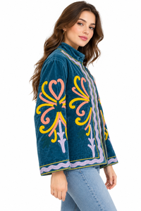 Blouson bomber en velours bleu turquoise brodé à la main pour femme, vêtement de mode hivernal - Product Image 4