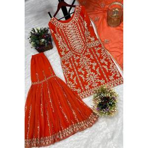 Designer Party Wear XL Top et Sharara avec Dupatta Handcrafted Pearl Stone Work - Product Image 2