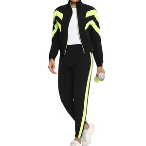 Conjunto Deportivo de Mujer, Negro con Rayas Verde Neón, 2 en 1, Cortavientos, con Cierre de Media Cremallera, Mangas Largas, Pantalones hasta el Tobillo, Bolsillos Laterales, Estilo Deportivo Casual - Product Image 4