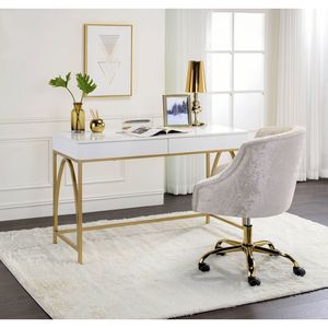 Lightmane White High Gloss <b>Vanity</b> <b>Desk</b> with Gold Finish Elegant Makeup <b>Vanities</b> - Product Image 2