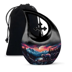 Urna Funeraria Negra en Forma de Lágrima con Diseño de Águila para Cenizas Humanas, Urna Decorativa con Cruz y Bolsa de Terciopelo Gratis - Product Image 5