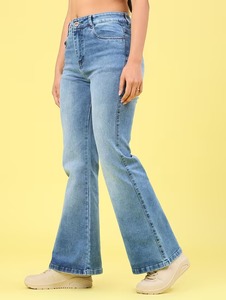 Women's Casual Blue Denim <b>Boot</b> Cut Jeans Mid Waist Knee Length Flattering Relaxed Fit Vintage Versatile - Product Image 1