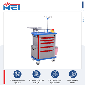 Medical Trolley With 5 Drawers Blue Top Gray Body <b>Red</b> Handles Mobile Hospital Cart With IV Pole And Side <b>Bin</b> - Product Image 2