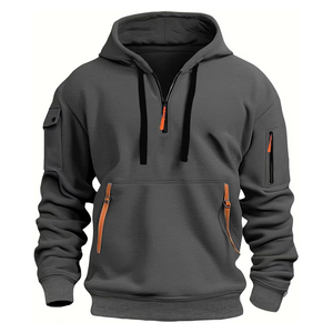 Sweat-shirt à capuche gris pour homme, coupe classique, couleur unie, pull décontracté avec poches, matière en polyester tricoté - Product Image 1