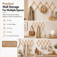 Porte-manteau mural extensible en bois de pin avec 10 crochets en bois rose arrondis, support mural accordéon en bois pour entrée et chambre