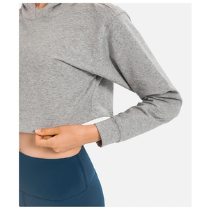 Sweat-shirt court à capuche gris pour femme, manches longues, couleur unie, tricoté, respirant, style décontracté d'hiver - Product Image 6