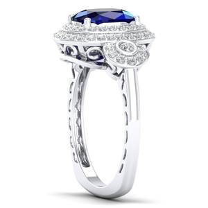 REYES Wholesale Cushion Cut 4.12 Carat Blue Sapphire Gemstone Engagement Halo Ring in 925 Sterling <b>Silver</b> Moissanite Jewelry - Product Image 3