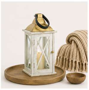 Farol Decorativo Rústico de Madera Blanca al por Mayor con Parte Superior de Metal Martillado, Portavelas de Vidrio Estilo Rústico para Decoración de Jardín - Product Image 3