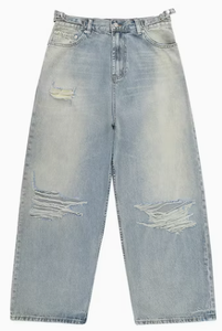 Jean déchiré coupe droite pour homme, taille haute, coupe ample, denim délavé, style décontracté printemps, tissu en coton délavé clair - Product Image 2
